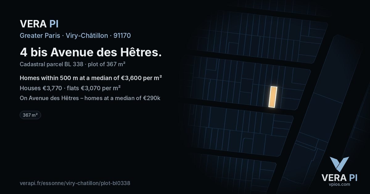 4 bis Avenue des Hêtres, Viry-Châtillon at night – the plot lit, the parcels around coloured by the prices near them