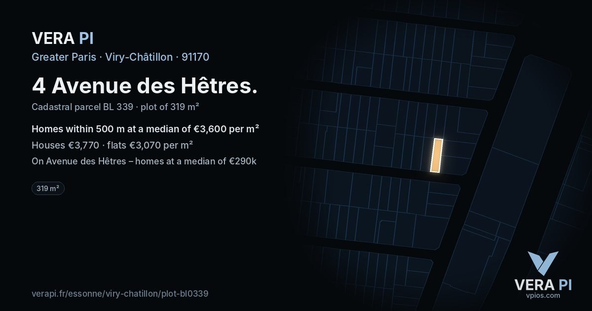 4 Avenue des Hêtres, Viry-Châtillon at night – the plot lit, the parcels around coloured by the prices near them