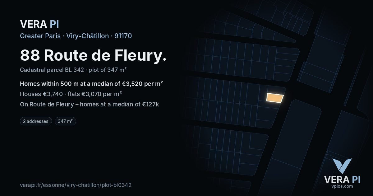 88 Route de Fleury, Viry-Châtillon at night – the plot lit, the parcels around coloured by the prices near them