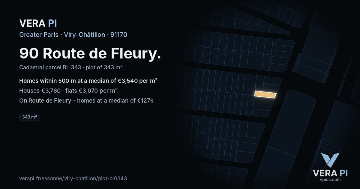 90 Route de Fleury, Viry-Châtillon at night – the plot lit, the parcels around coloured by the prices near them