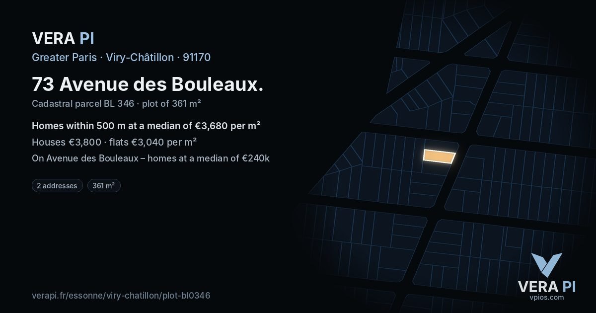73 Avenue des Bouleaux, Viry-Châtillon at night – the plot lit, the parcels around coloured by the prices near them