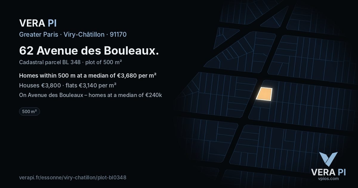 62 Avenue des Bouleaux, Viry-Châtillon at night – the plot lit, the parcels around coloured by the prices near them