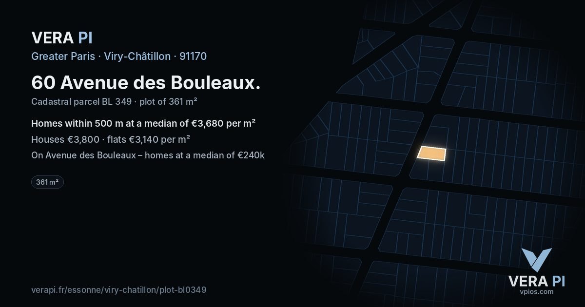 60 Avenue des Bouleaux, Viry-Châtillon at night – the plot lit, the parcels around coloured by the prices near them