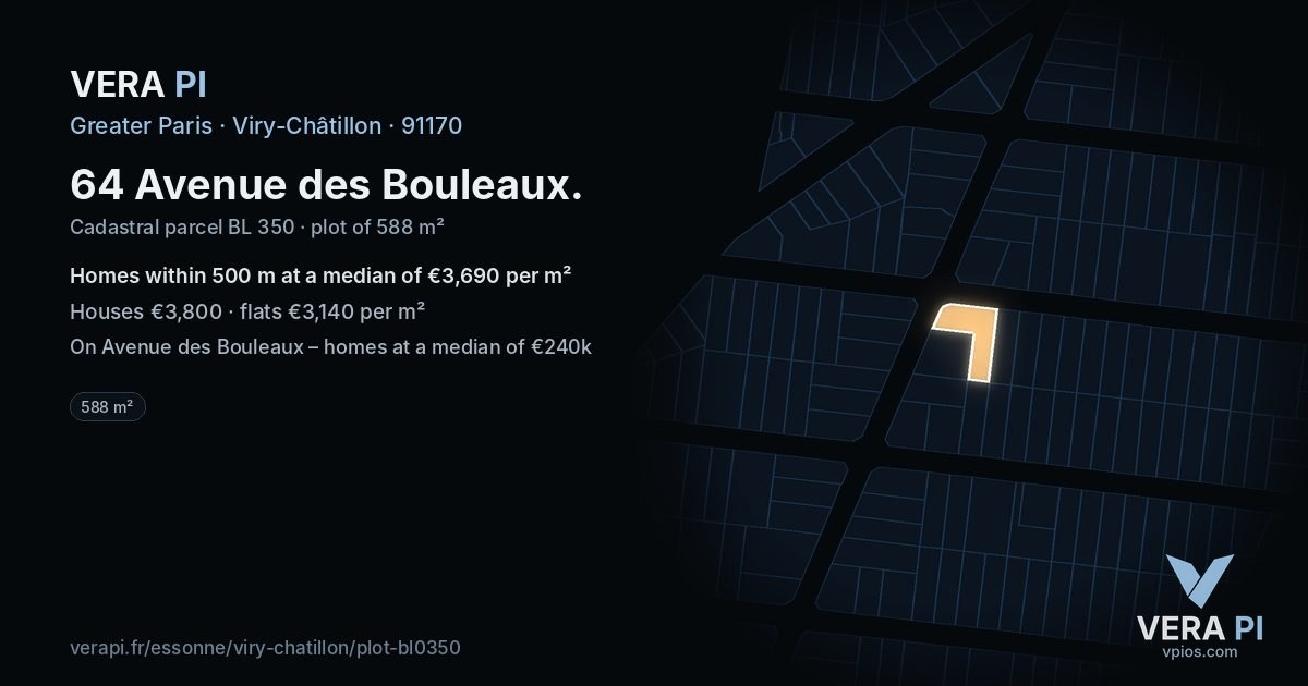 64 Avenue des Bouleaux, Viry-Châtillon at night – the plot lit, the parcels around coloured by the prices near them