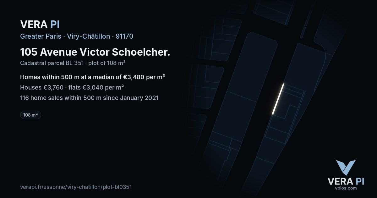 105 Avenue Victor Schoelcher, Viry-Châtillon at night – the plot lit, the parcels around coloured by the prices near them