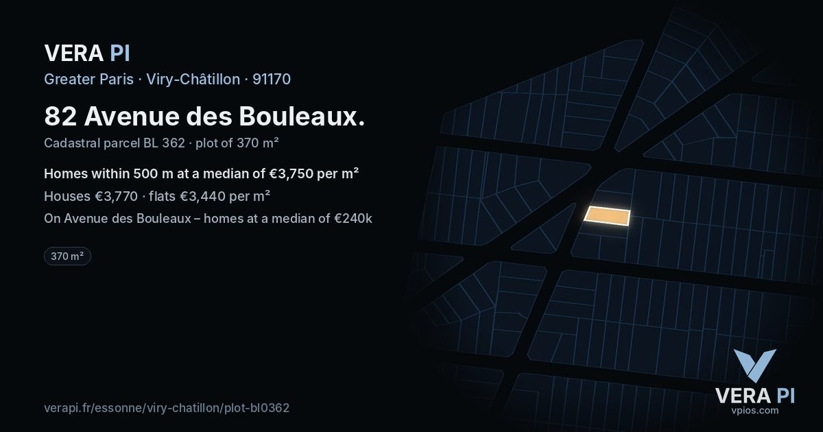 82 Avenue des Bouleaux, Viry-Châtillon at night – the plot lit, the parcels around coloured by the prices near them