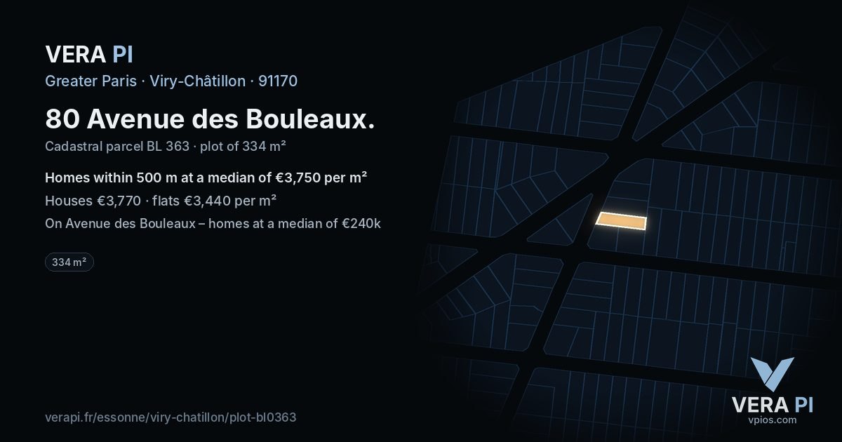 80 Avenue des Bouleaux, Viry-Châtillon at night – the plot lit, the parcels around coloured by the prices near them