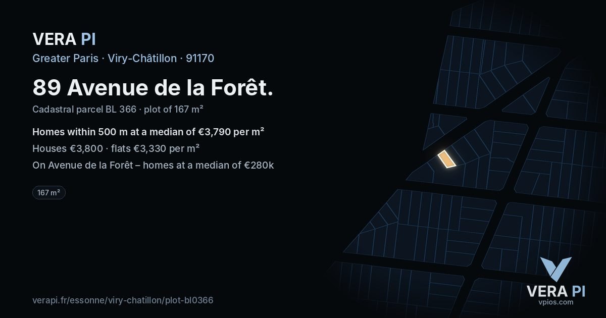 89 Avenue de la Forêt, Viry-Châtillon at night – the plot lit, the parcels around coloured by the prices near them