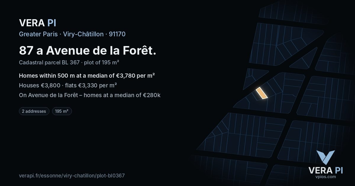 87 a Avenue de la Forêt, Viry-Châtillon at night – the plot lit, the parcels around coloured by the prices near them