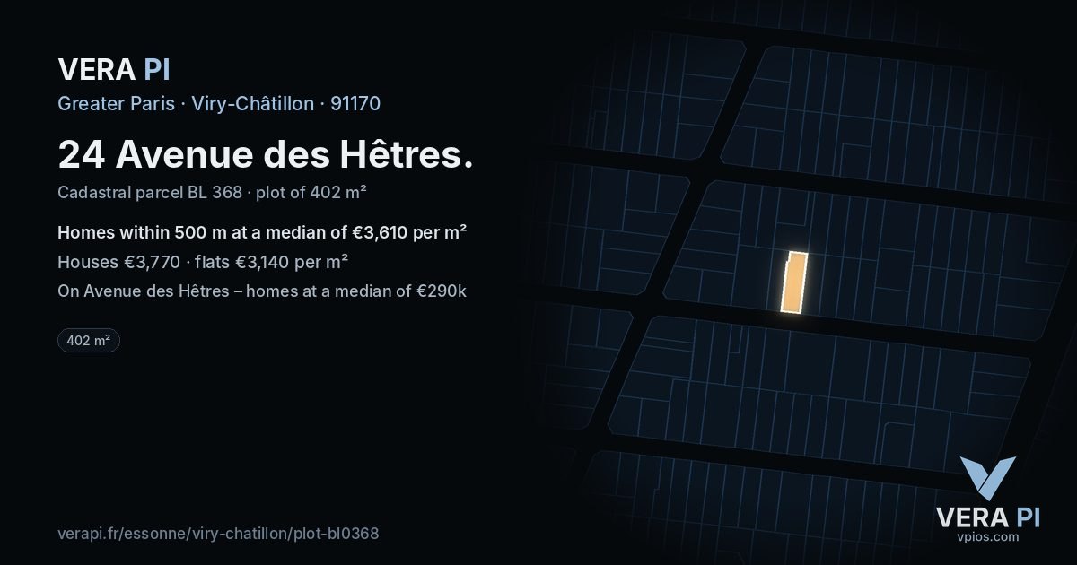 24 Avenue des Hêtres, Viry-Châtillon at night – the plot lit, the parcels around coloured by the prices near them