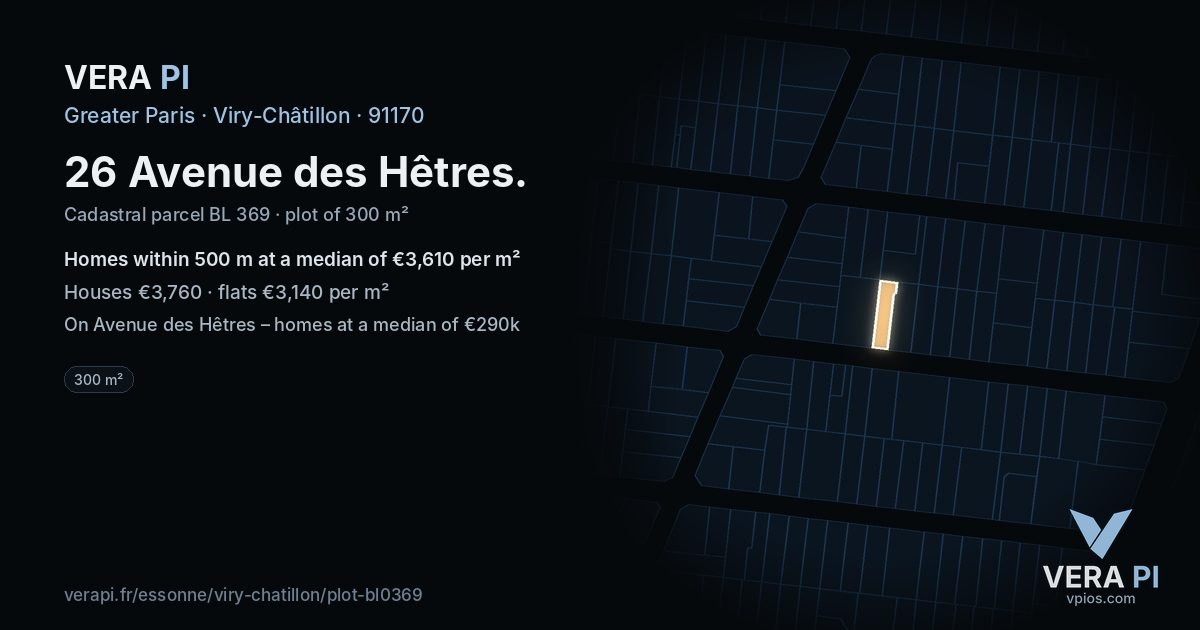 26 Avenue des Hêtres, Viry-Châtillon at night – the plot lit, the parcels around coloured by the prices near them