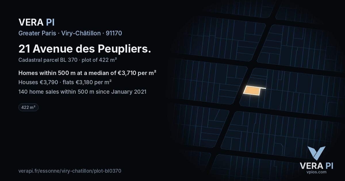 21 Avenue des Peupliers, Viry-Châtillon at night – the plot lit, the parcels around coloured by the prices near them