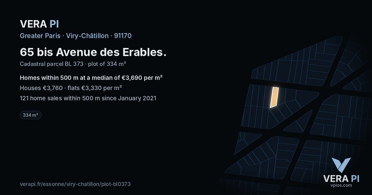 65 bis Avenue des Erables, Viry-Châtillon at night – the plot lit, the parcels around coloured by the prices near them