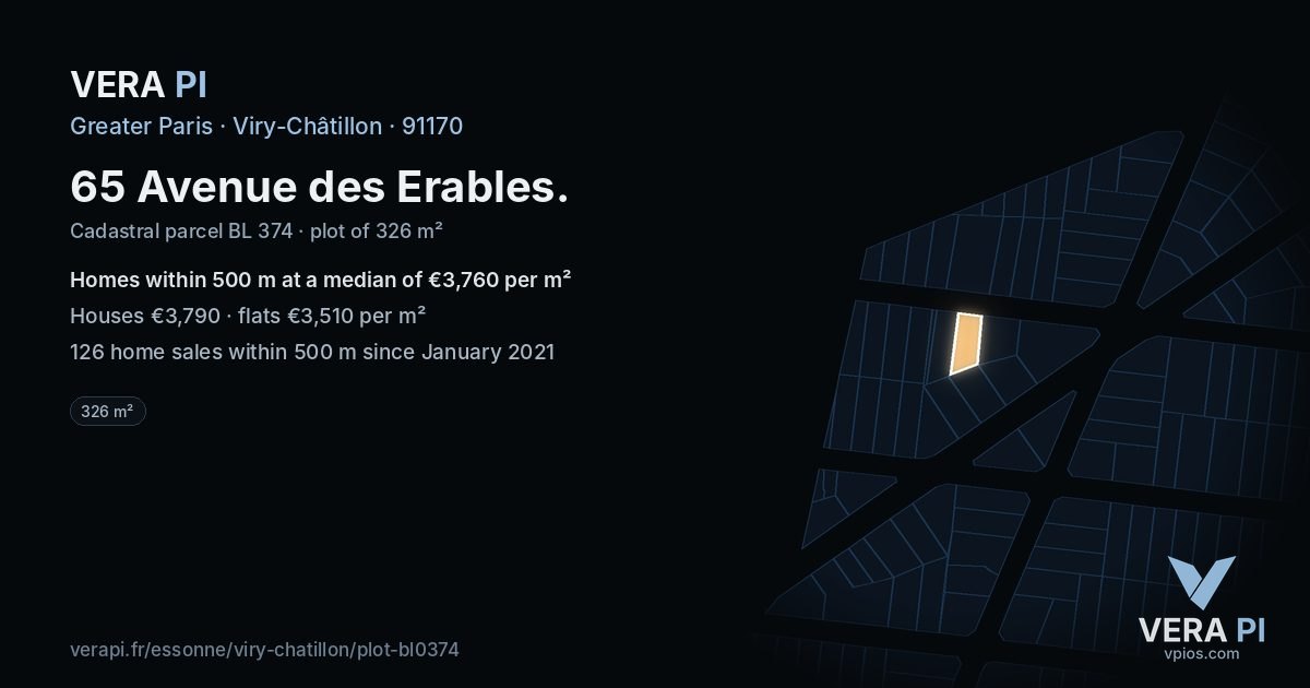 65 Avenue des Erables, Viry-Châtillon at night – the plot lit, the parcels around coloured by the prices near them