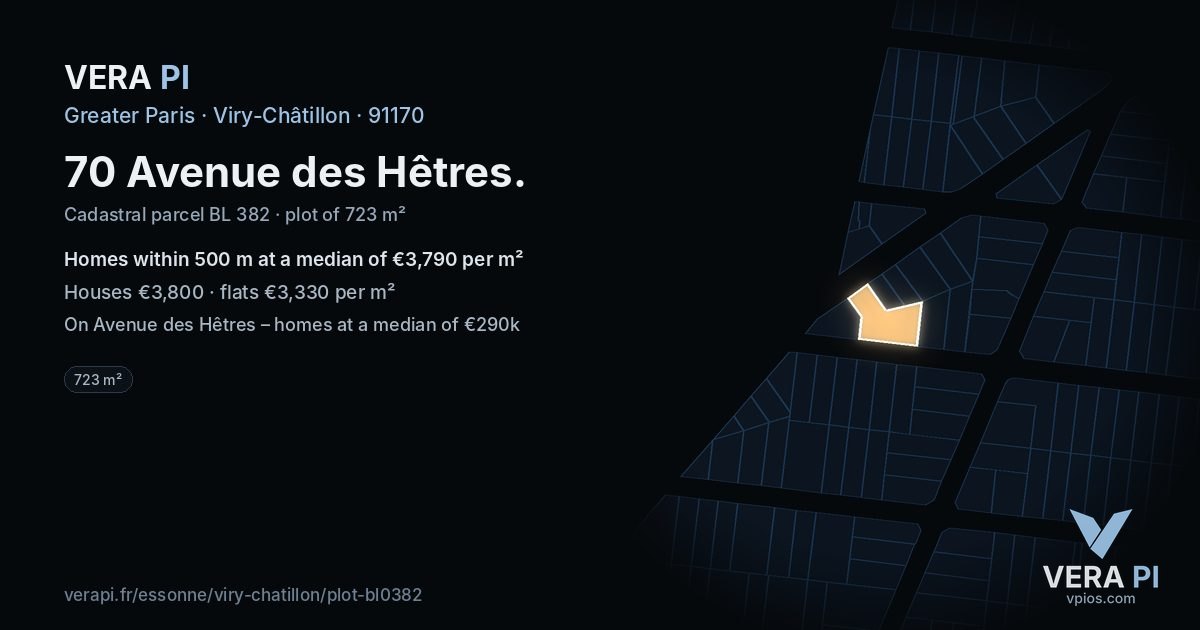 70 Avenue des Hêtres, Viry-Châtillon at night – the plot lit, the parcels around coloured by the prices near them