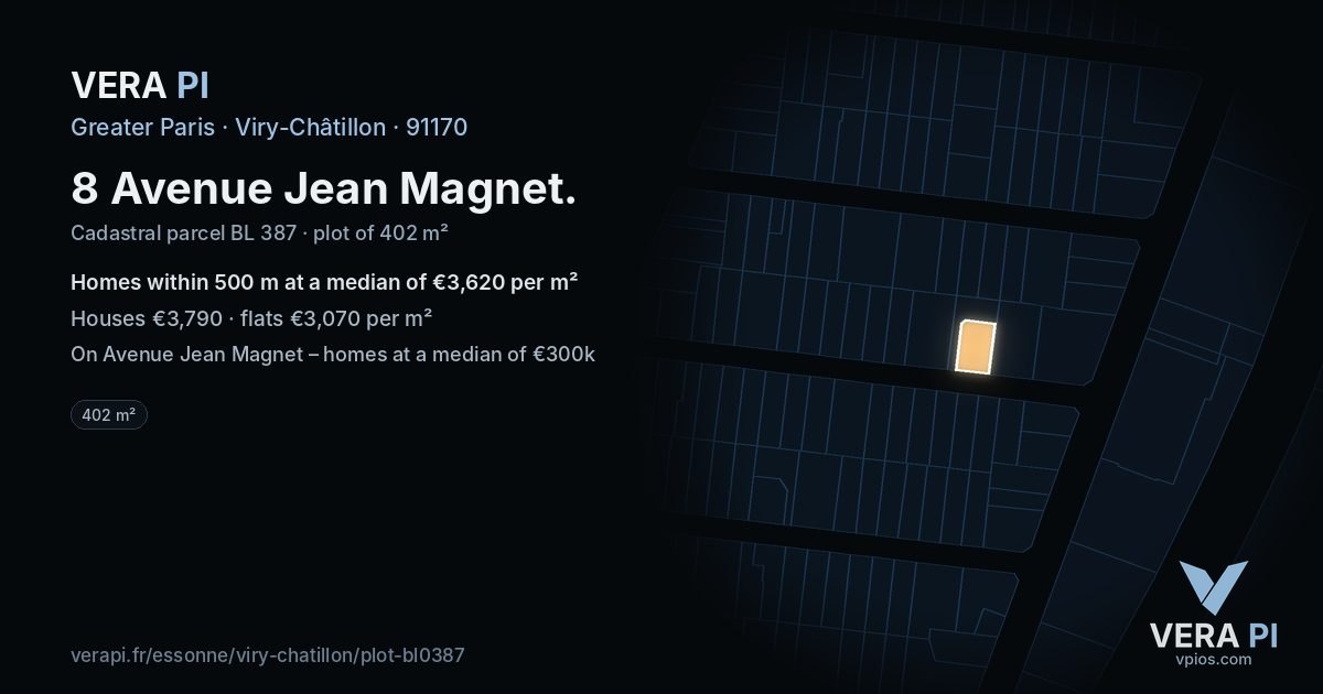 8 Avenue Jean Magnet, Viry-Châtillon at night – the plot lit, the parcels around coloured by the prices near them