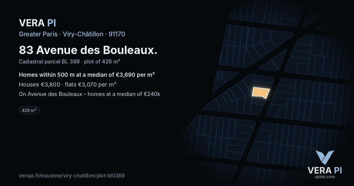 83 Avenue des Bouleaux, Viry-Châtillon at night – the plot lit, the parcels around coloured by the prices near them