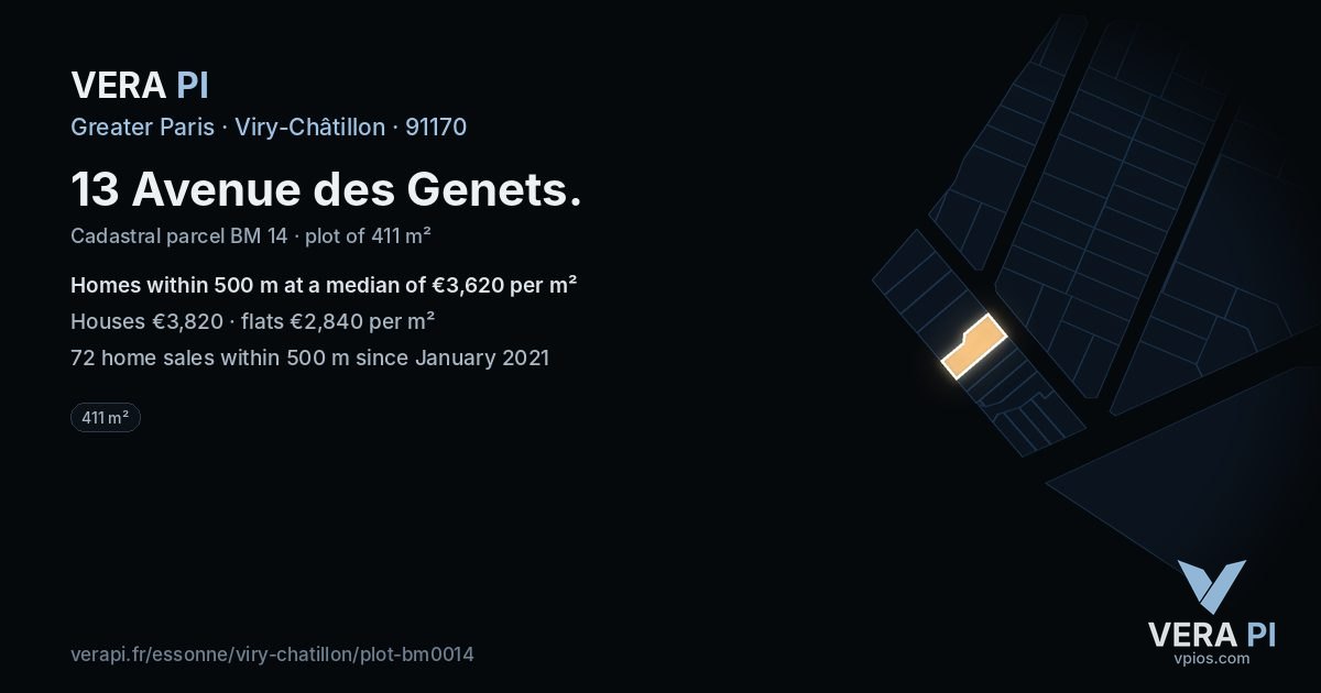 13 Avenue des Genets, Viry-Châtillon at night – the plot lit, the parcels around coloured by the prices near them