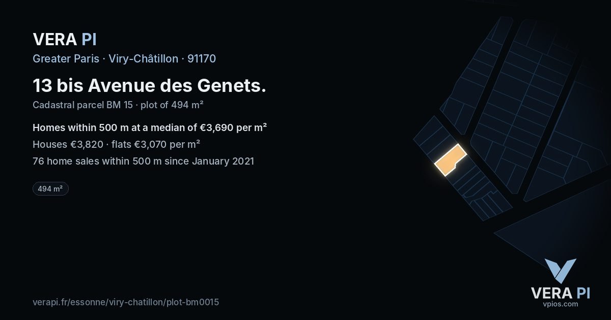 13 bis Avenue des Genets, Viry-Châtillon at night – the plot lit, the parcels around coloured by the prices near them