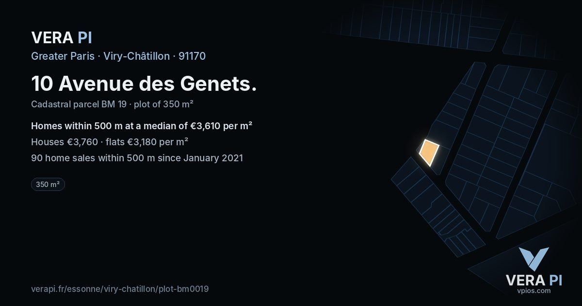 10 Avenue des Genets, Viry-Châtillon at night – the plot lit, the parcels around coloured by the prices near them