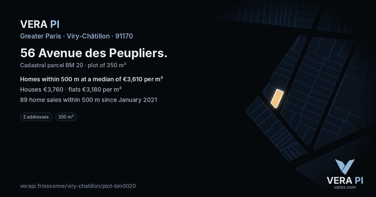 56 Avenue des Peupliers, Viry-Châtillon at night – the plot lit, the parcels around coloured by the prices near them