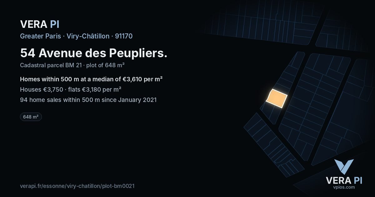 54 Avenue des Peupliers, Viry-Châtillon at night – the plot lit, the parcels around coloured by the prices near them