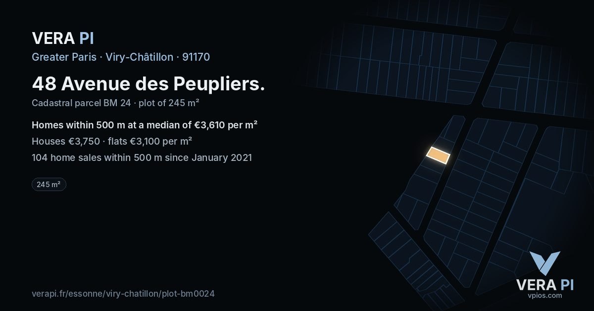 48 Avenue des Peupliers, Viry-Châtillon at night – the plot lit, the parcels around coloured by the prices near them
