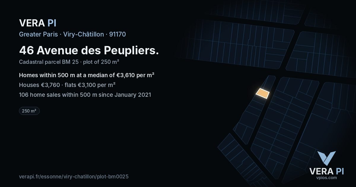 46 Avenue des Peupliers, Viry-Châtillon at night – the plot lit, the parcels around coloured by the prices near them