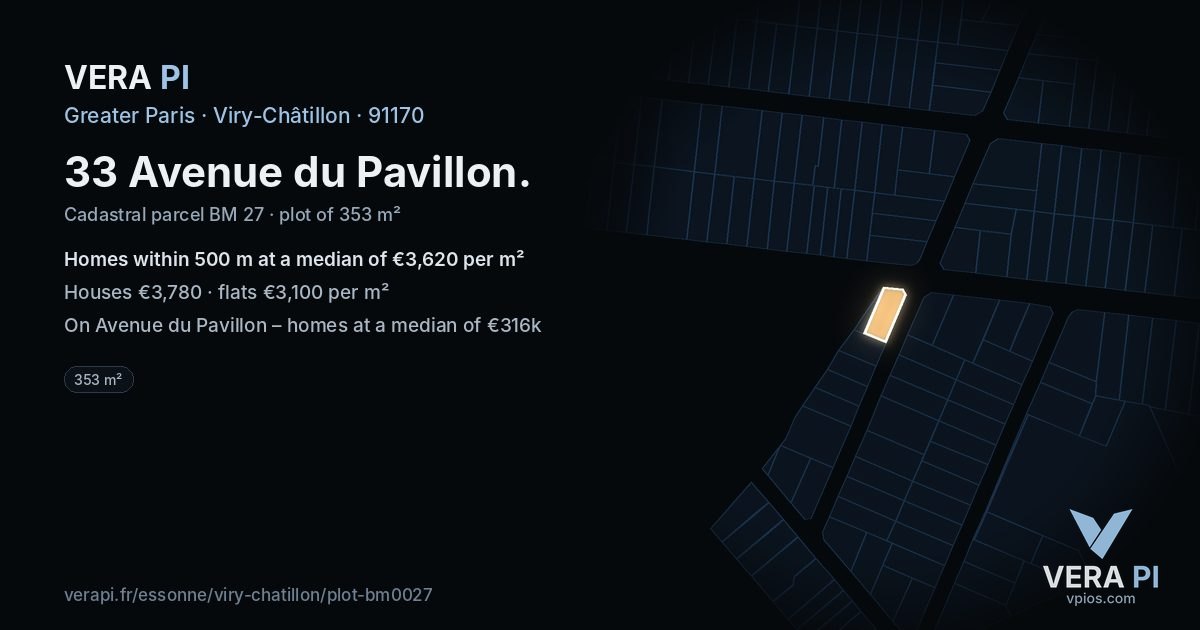 33 Avenue du Pavillon, Viry-Châtillon at night – the plot lit, the parcels around coloured by the prices near them