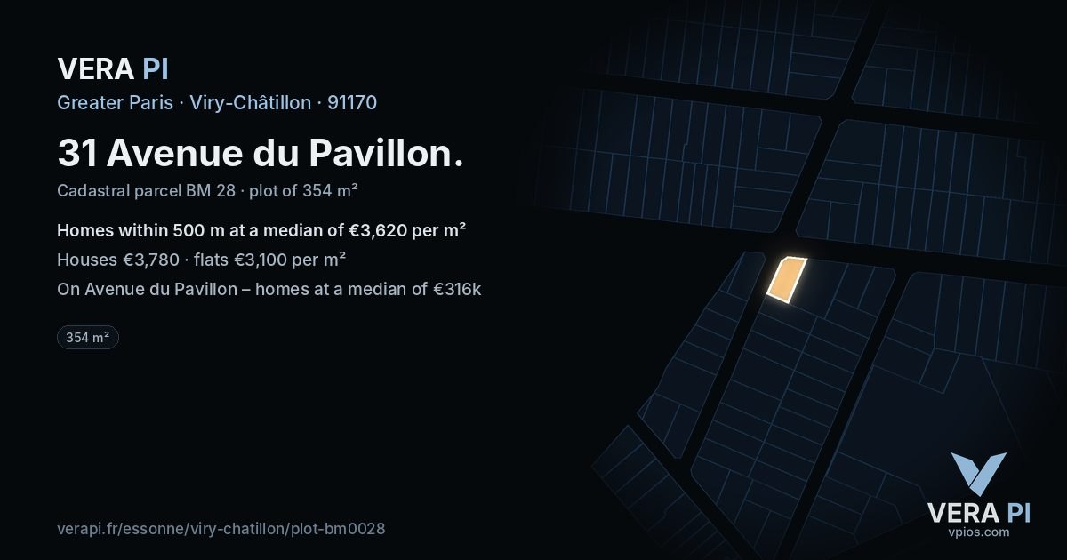 31 Avenue du Pavillon, Viry-Châtillon at night – the plot lit, the parcels around coloured by the prices near them