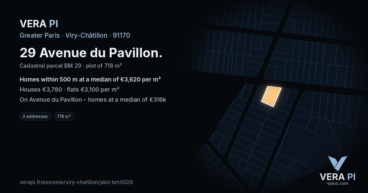 29 Avenue du Pavillon, Viry-Châtillon at night – the plot lit, the parcels around coloured by the prices near them