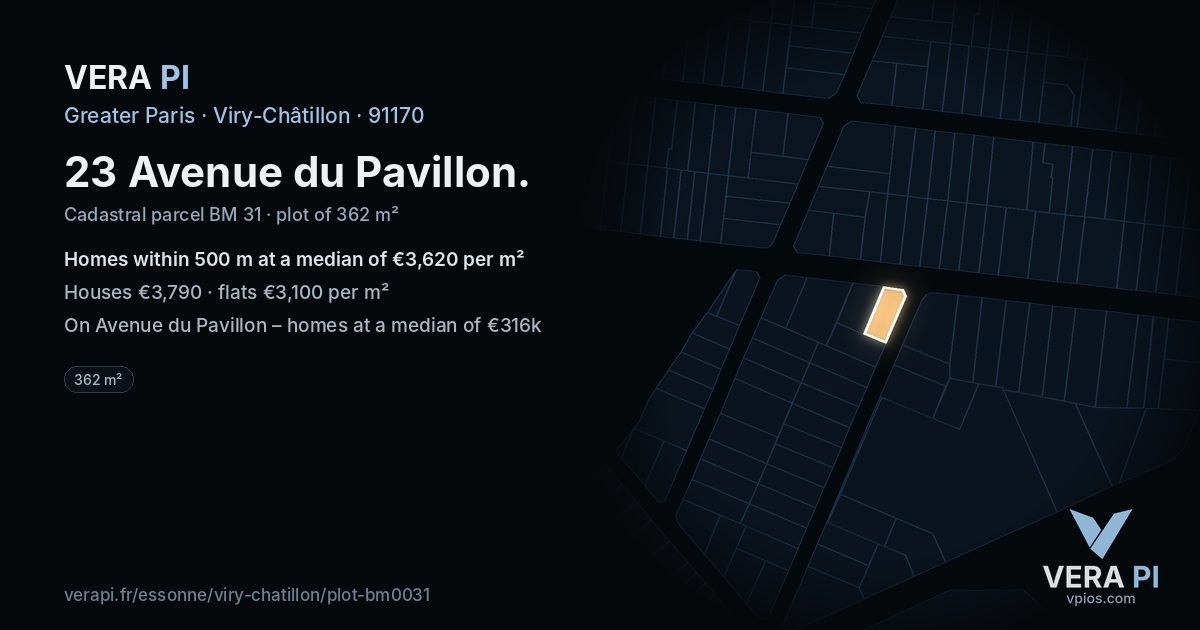 23 Avenue du Pavillon, Viry-Châtillon at night – the plot lit, the parcels around coloured by the prices near them