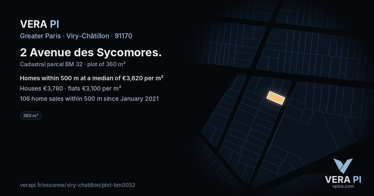 2 Avenue des Sycomores, Viry-Châtillon at night – the plot lit, the parcels around coloured by the prices near them