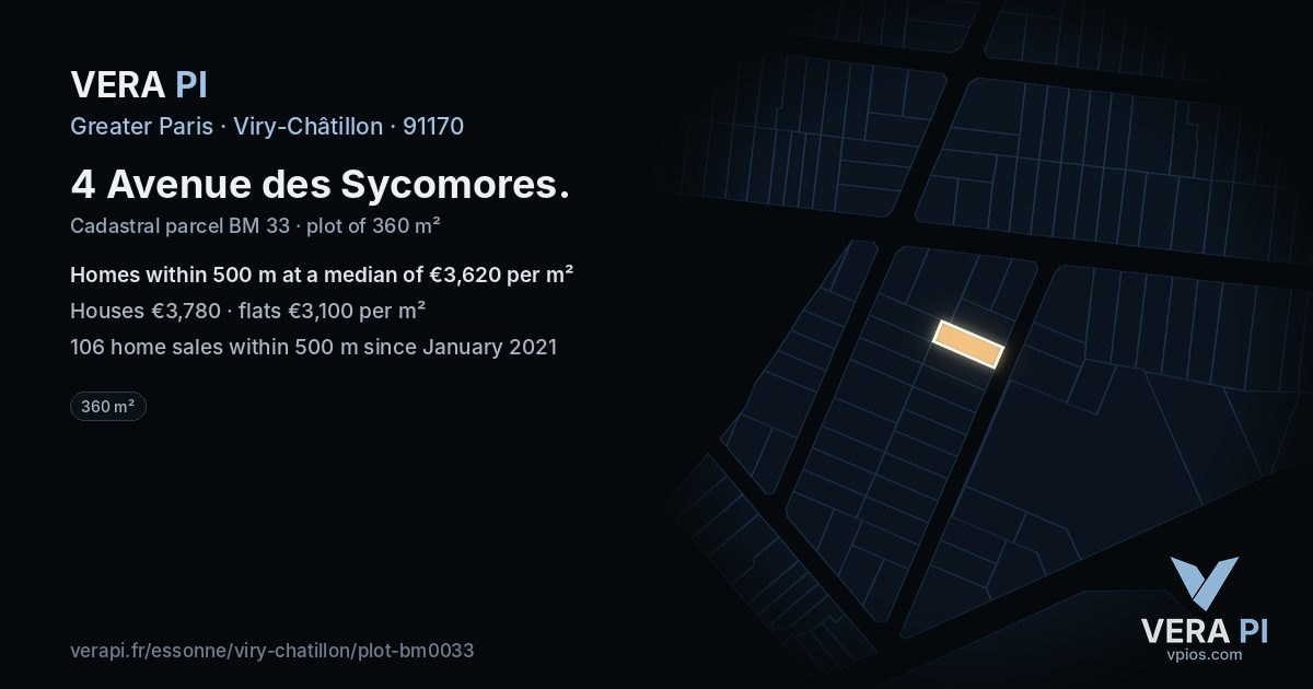 4 Avenue des Sycomores, Viry-Châtillon at night – the plot lit, the parcels around coloured by the prices near them