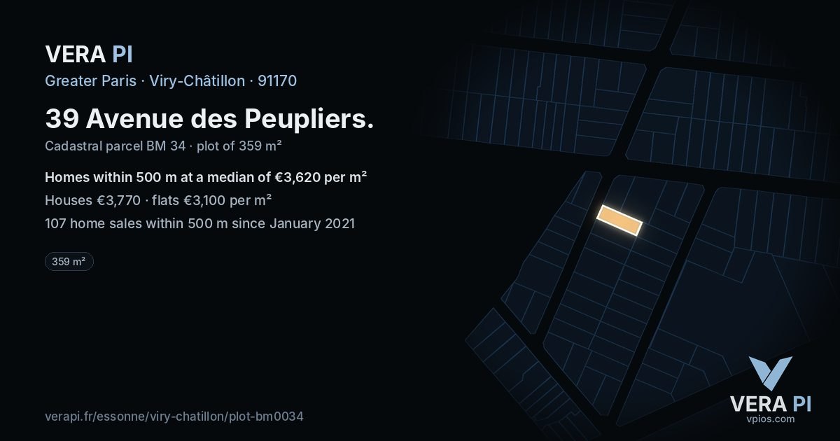 39 Avenue des Peupliers, Viry-Châtillon at night – the plot lit, the parcels around coloured by the prices near them