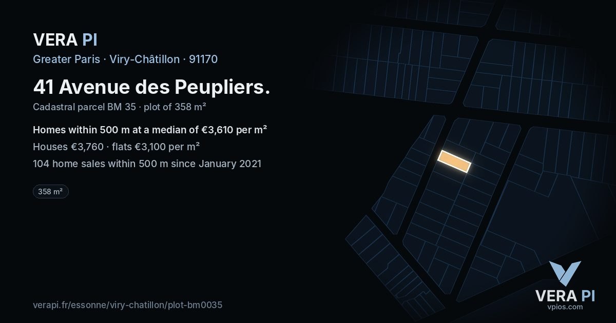 41 Avenue des Peupliers, Viry-Châtillon at night – the plot lit, the parcels around coloured by the prices near them
