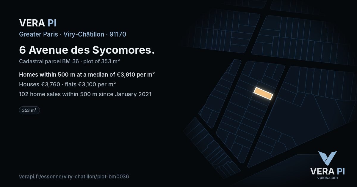 6 Avenue des Sycomores, Viry-Châtillon at night – the plot lit, the parcels around coloured by the prices near them