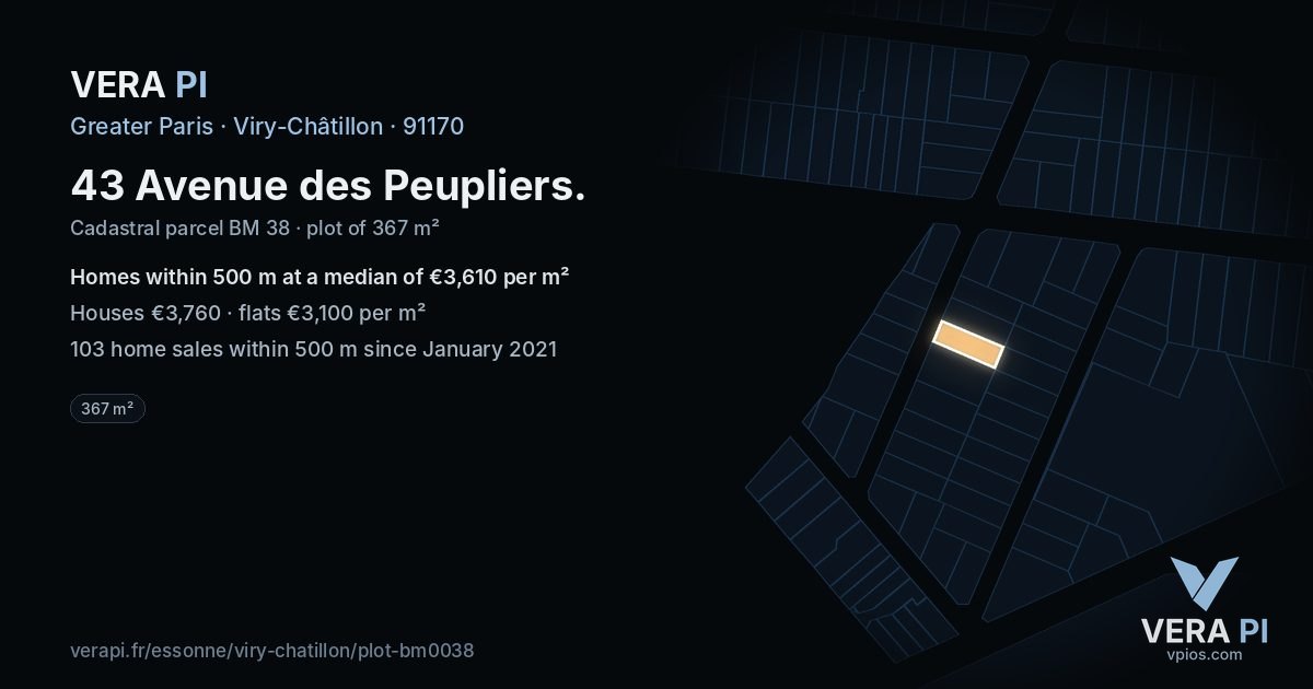 43 Avenue des Peupliers, Viry-Châtillon at night – the plot lit, the parcels around coloured by the prices near them