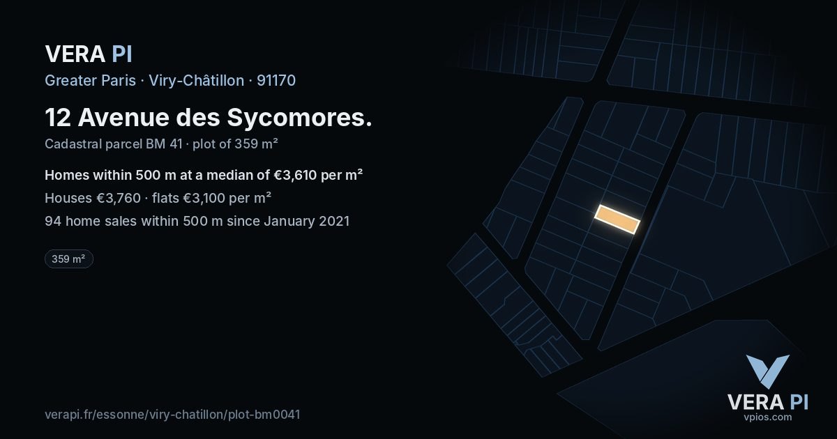 12 Avenue des Sycomores, Viry-Châtillon at night – the plot lit, the parcels around coloured by the prices near them