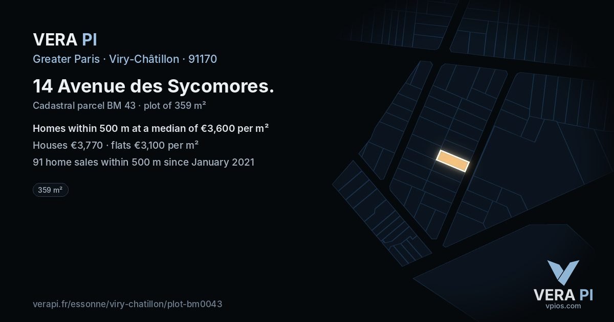14 Avenue des Sycomores, Viry-Châtillon at night – the plot lit, the parcels around coloured by the prices near them