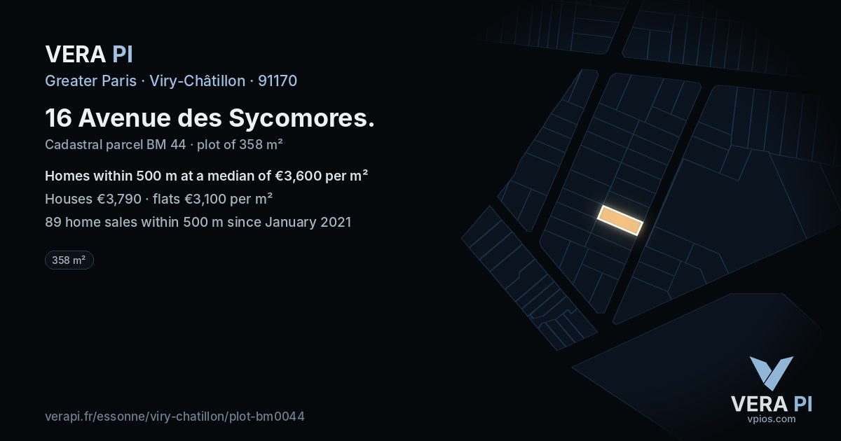 16 Avenue des Sycomores, Viry-Châtillon at night – the plot lit, the parcels around coloured by the prices near them
