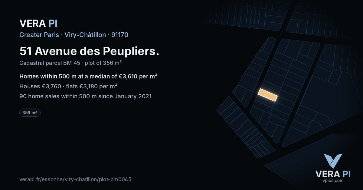 51 Avenue des Peupliers, Viry-Châtillon at night – the plot lit, the parcels around coloured by the prices near them