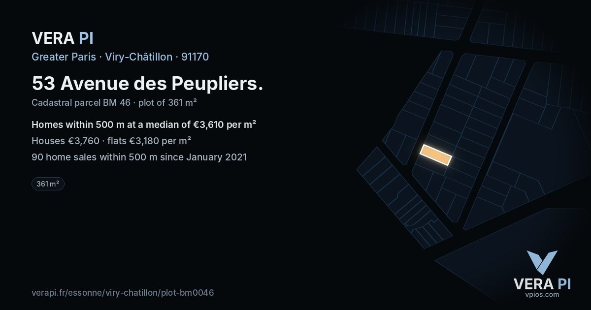 53 Avenue des Peupliers, Viry-Châtillon at night – the plot lit, the parcels around coloured by the prices near them