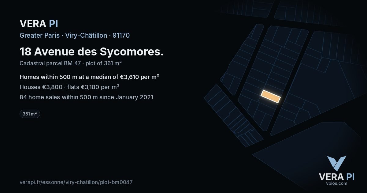18 Avenue des Sycomores, Viry-Châtillon at night – the plot lit, the parcels around coloured by the prices near them