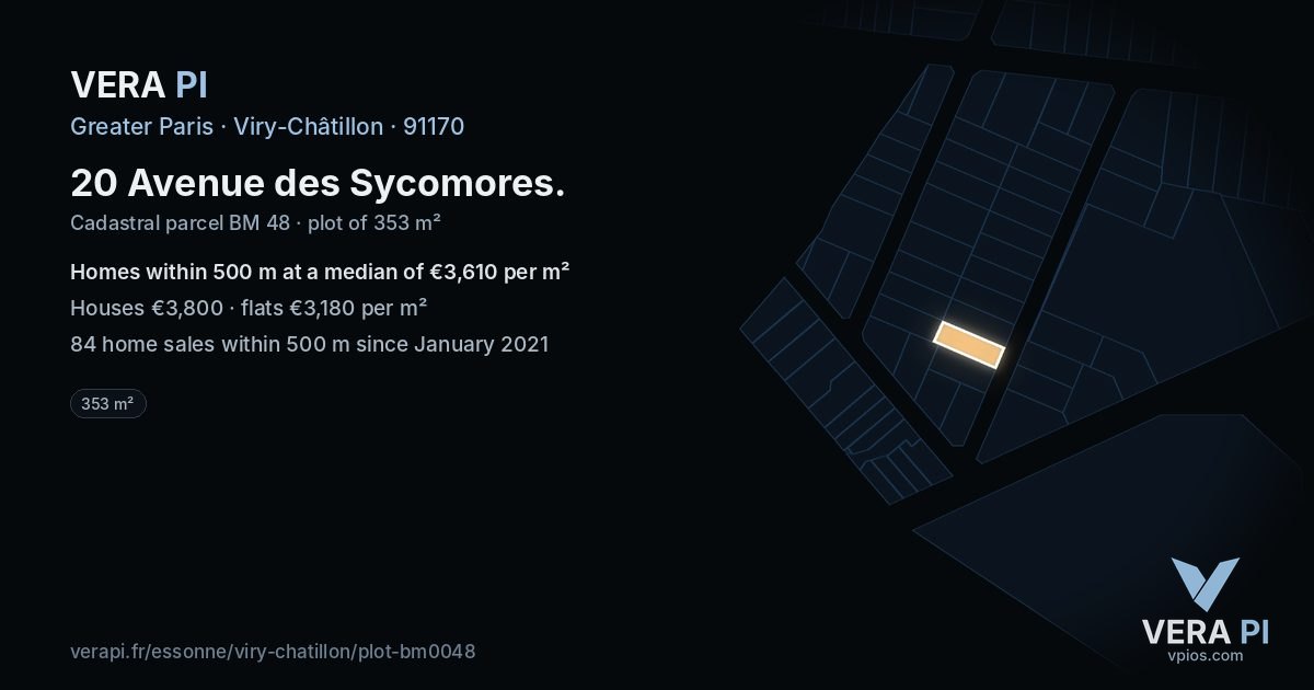 20 Avenue des Sycomores, Viry-Châtillon at night – the plot lit, the parcels around coloured by the prices near them