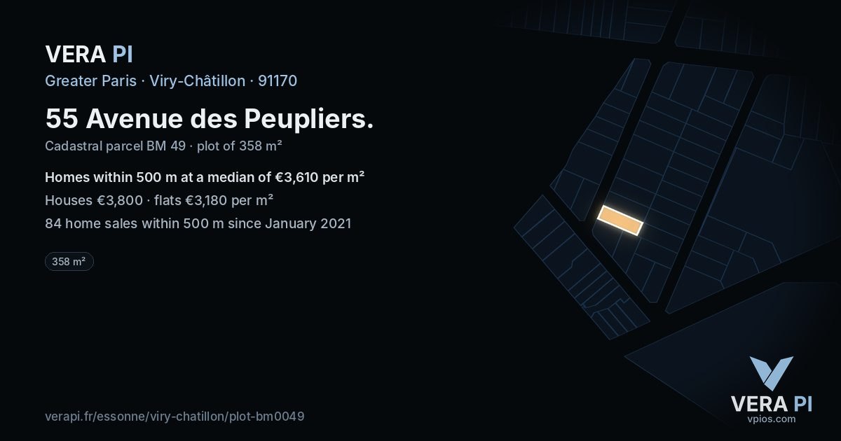 55 Avenue des Peupliers, Viry-Châtillon at night – the plot lit, the parcels around coloured by the prices near them