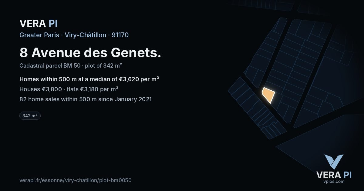 8 Avenue des Genets, Viry-Châtillon at night – the plot lit, the parcels around coloured by the prices near them