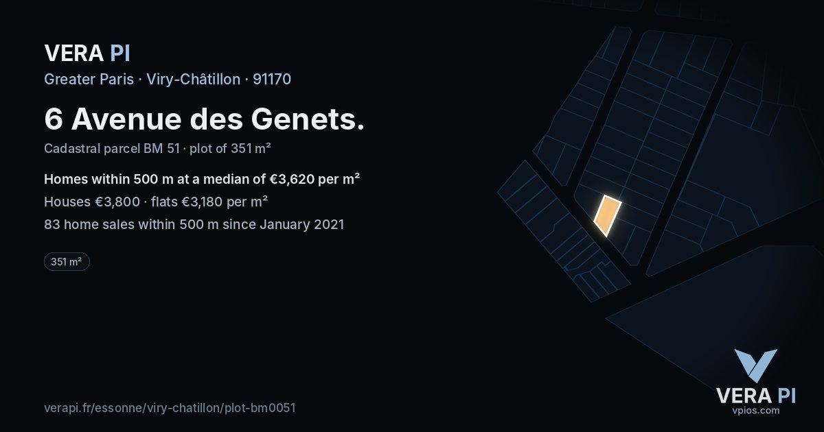 6 Avenue des Genets, Viry-Châtillon at night – the plot lit, the parcels around coloured by the prices near them
