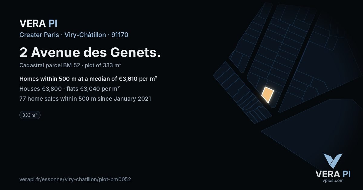 2 Avenue des Genets, Viry-Châtillon at night – the plot lit, the parcels around coloured by the prices near them