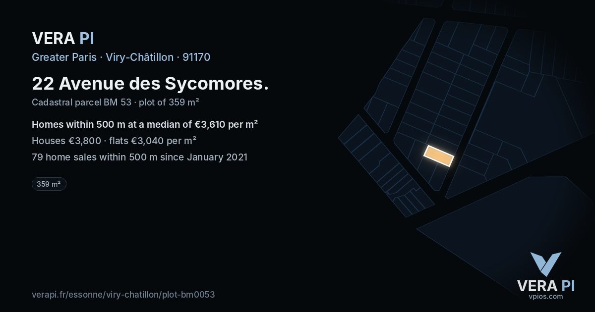 22 Avenue des Sycomores, Viry-Châtillon at night – the plot lit, the parcels around coloured by the prices near them